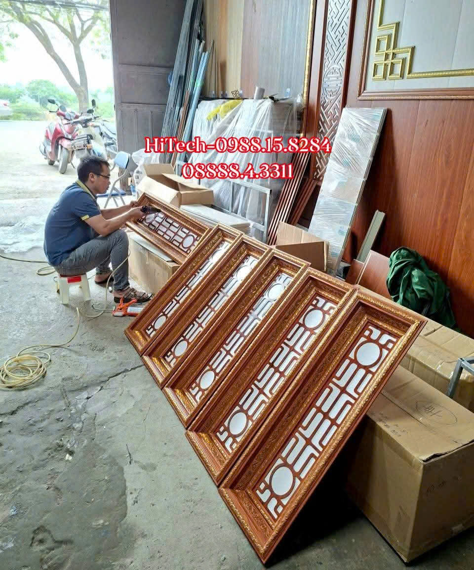 Máng đèn chữ nhật vân gỗ hoa văn vàng đã dán đáy lòng CNC ô đèn trang trí